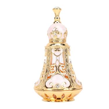 Imagem de AYNEFY Frasco de Perfume Vintage, Garrafa Decorativa Vazia Recarregável para óleos Essenciais Frafance Liga de Zinco Reutilizável Estilo do Oriente Médio Escavar Garrafa Líquida Selada (Gold branco)