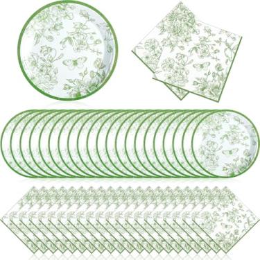 Imagem de Zhehao 120 peças de pratos e guardanapos de papel descartáveis em massa decorações de festa de aniversário suprimentos de festa de casamento (flores verdes, verdes)