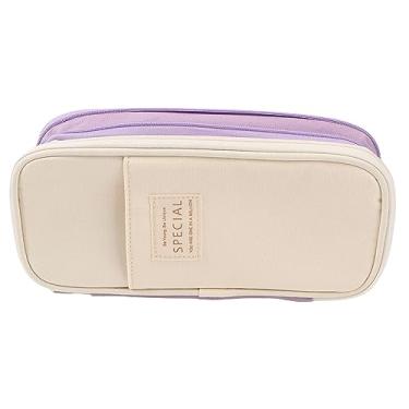Imagem de Caixa de lápis de caneta grande estilo moderno simples com bolsos de malha e material de tela durável para zíper para estudantes de viagens de escritórios escolares 22 x 11 x 6,5 (Roxo e bege)