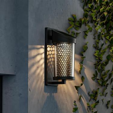 Imagem de Solar Yard Pacote com 4 lâmpadas de parede externas, luminárias, luminárias externas de LED para exterior, luzes de varanda frontal, lanterna de arandela à prova d'água para casa, pátio, porta, favo