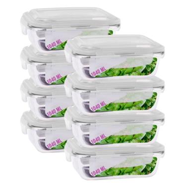 Imagem de Jogo 8 Potes Vidro Retangular Marmitas Tampa 4 Travas 1040ml