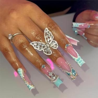 Imagem de Unhas postiças longas quadradas azuis, ombré, unhas falsas de ponta francesa, unhas falsas com design de strass, unhas de acrílico, prensas de unhas longas, cola com glitter nas unhas, para mulheres