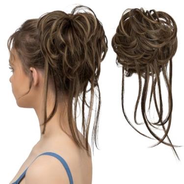Imagem de CJL HAIR Extensões de coque bagunçado de cabelo cacheado com caudas retas cabelo sintético scrunchies rabo de cavalo para mulheres marrom café