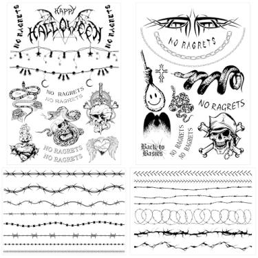 Imagem de Carimbo temporário falso de de arame farpado adesivos de tatuagem realista para mulheres adultas, homens, tatuagens perversas no pescoço para Halloween, festas 4 folhas A (mais de 45 estilos