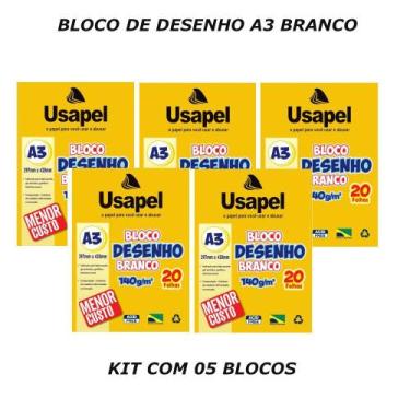 Imagem de Bloco para desenho a3 branco 140g kit 05 unidades com 20f - USAPEL