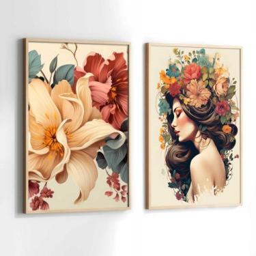 Imagem de Conjunto Quadros Decorativos com Moldura Mulher Flores na Cabeça Moder