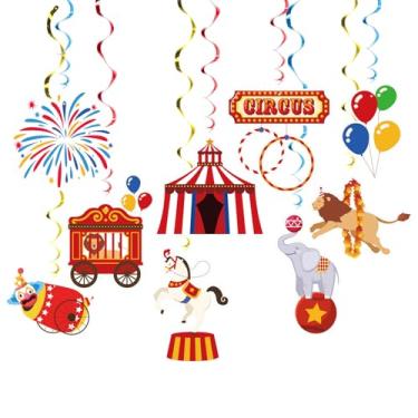 Imagem de AimtoHome Conjunto de redemoinho suspenso de carnaval decorações de festa, 48 peças, placa de suprimentos de festa de balão de coringa de circo, vermelho, azul, amarelo