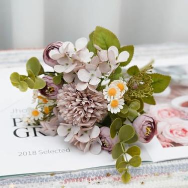 Imagem de Flores artificiais de seda, rosas, buquê de girassol, decoração para casa, casamento, festa, flores falsas, vaso de scrapbook, arranjo de jardim (roxo, cinza)