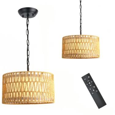 Imagem de Luminária pendente moderna de vime, lustre de tecido boho com controle remoto, vários modos de iluminação, corrente preta (borda reta)