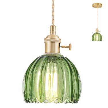 Imagem de Mini luzes pendentes ilha de cozinha, luminária pequena ajustável com abajur de vidro tulipa verde, iluminação pendente dourada vintage, luz pendente para quarto, sala de jantar, corredor