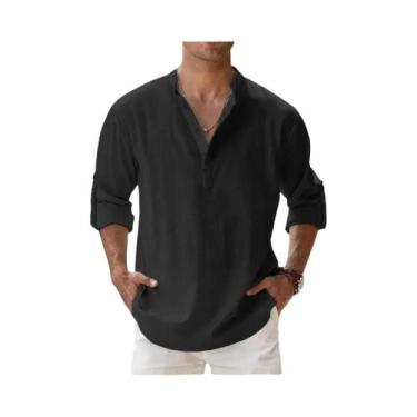 Imagem de Camisas De Verão Casuais Masculinas Em Algodão E Linho Com Gola Henley