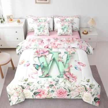 Imagem de Erosebridal Conjunto de cama com letra W com letra em aquarela verde com letra W e lençol com lençol de solteiro, 7 peças, flores rosa e plantas de jardim