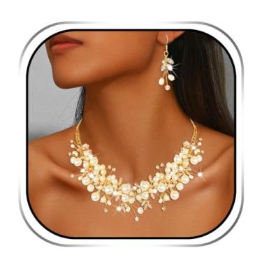 Imagem de Sixexey Conjunto de joias de casamento para noivas, colar de pérolas douradas, colar e brincos de strass de cristal, bijuteria de formatura para mulheres e noivas