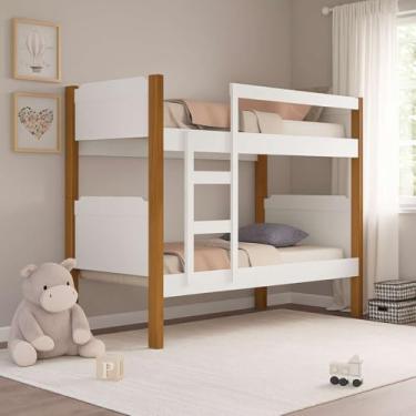 Imagem de Beliche Bicama Bibox 100% MDF Vira Duas Camas Versátil com Escada e Grade Proteção (Branco com Nature)