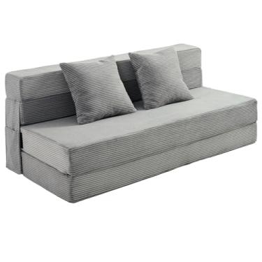 Imagem de JKMAX Sofá-cama dobrável Queen Size - Cadeira conversível 4 em 1 com dois travesseiros - Sofá futon de espuma viscoelástica de alta densidade - Cama dobrável para sala de estar e quarto (cinza escuro)