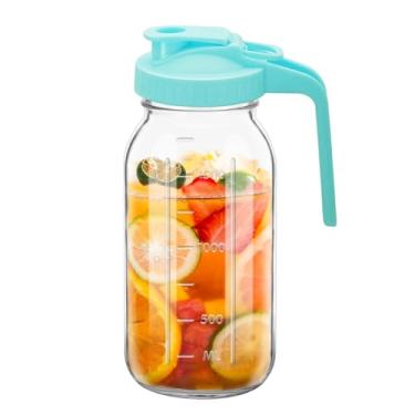Imagem de 1 jarro de vidro amplo, frasco de vidro de 1,8 l com tampa, à prova de vazamento duplo com alça, jarro de água de boca larga, recipiente de geladeira para água, suco (1, azul)