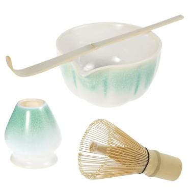 Imagem de Suporte de tigela e batedor de cerâmica Matcha, conjunto de tigela e batedor de cerâmica de bambu premium 500 ml Chawan presente fácil de limpar para kit de amante DIY (forno fica verde, terno de