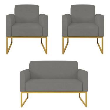Imagem de Kit Namoradeira e 2 Poltronas Decorativas Base Industrial Dourada Maressa S08 Suede Grafite - Ibiza