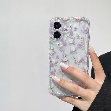 Imagem de RALEAVO Capa para iPhone 17 linda estampa floral, moldura ondulada transparente para mulheres, capa protetora macia à prova de choque antiderrapante para iPhone 17, flores roxas