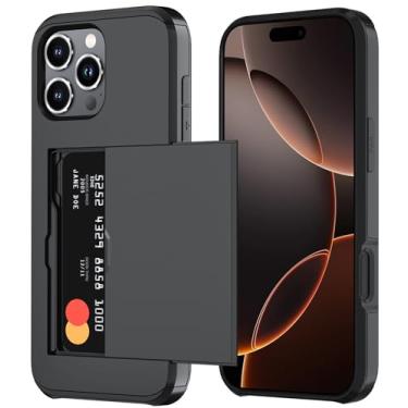 Imagem de Qinmay Capa carteira compatível com iPhone 16 Pro Max, suporte de cartão embutido, camada dupla protetora resistente à prova de choque com compartimento para cartão oculto, capa fina para celular para