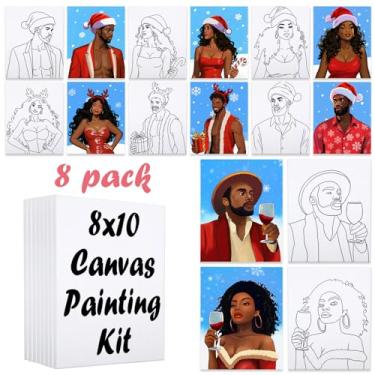 Imagem de VOCHIC Pacote com 8 kits de pintura em tela pré-desenhados para adultos, kit de pintura de tela pré-esticada, suprimentos de festa para artistas iniciantes (casal de Natal, 20 x 25 cm)