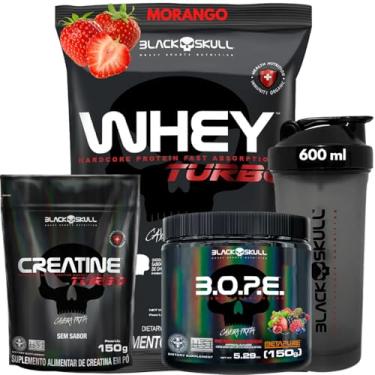 Imagem de Whey Protein Concentrado + Creatina Monohidratada 150g + Pré-Treino B.O.P.E 150g + Coqueteleira 600ml - Kit Black Skull Para Ganho de Massa e Força (Whey Morango + Bope Frutas Vermelhas)