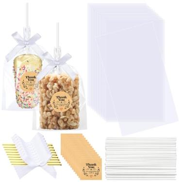Imagem de Wavwavw 100 conjuntos de sacos transparentes de arroz Krispie com laço de fita branca e adesivos de agradecimento, sacos de guloseimas transparentes e planos de celofane, sacos de doces transparentes