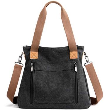 Imagem de Bolsa feminina de lona, vintage, casual, de ombro, bolsa de trabalho, bolsas transversais, Preto, One Size
