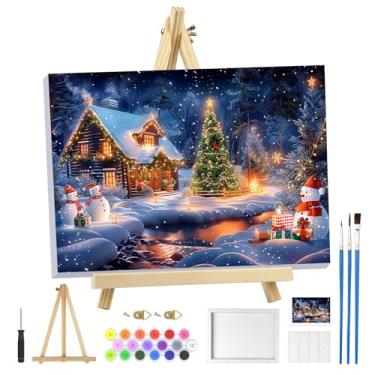 Imagem de MOGTAA Kit de pintura de Natal por números para adultos iniciantes com moldura, kits de pintura de inverno para adultos por números em tela com cavalete, kits de pintura a óleo de boneco de neve DIY