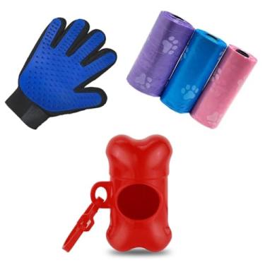 Imagem de Kit 3 Rolo Refil De Saquinhos Pet Cachorro, Porta Sacos de lixo Higiênico Cata Caca, Coletor Osso + Luva Escova Ajustável para Remover Tiras Pelos de Cães e Gatos.