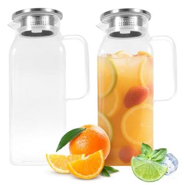 Imagem de 2 jarros de vidro com tampa e alça, jarra de vidro borossilicato resistente ao calor, jarra de chá gelado transparente de 9,4 x 9,4 x 27 cm para bebidas quentes/frias, chá gelado, café, suco, leite e