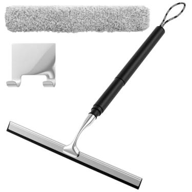 Imagem de DJAPWPX Limpador de rodo de janela, ferramentas de limpeza de vidro com alça longa (59,8 polegadas), esfregador de microfibra de rodo de silicone, esfregão de janela para chuveiro de carro, painel