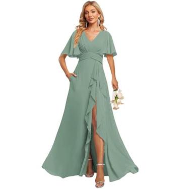 Imagem de Vestido de dama de honra demamify Eucalyptus A Line com decote em V e 