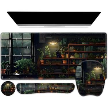 Imagem de Aesthetic Green Plant Books Mouse Pad com suporte de pulso, conjunto 4 em 1, 2GG grande jogo mousepad + teclado descanso de pulso + mouse descanso de pulso + porta-copos tapete de jogos para estudo de