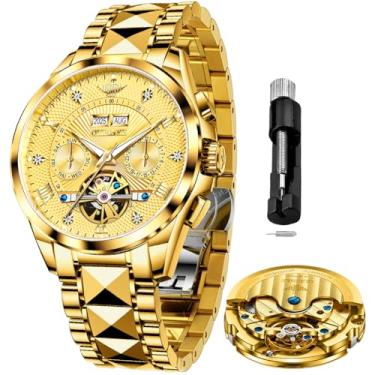 Imagem de OLEVS Relógios automáticos masculinos mecânicos luxuosos com corda automática, vários calendários, aço inoxidável, à prova d'água, relógios de pulso para homens, relógios dourados 3270, relógio