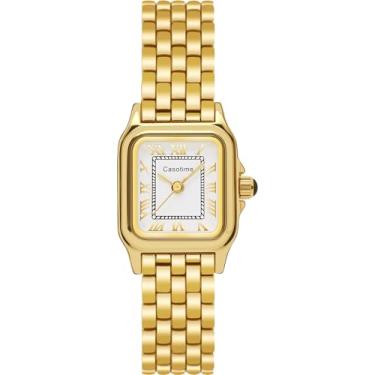 Imagem de Casotime Relógio feminino dourado, caixa retangular vintage com mostrador numeral romano, pulseira pequena, resistente à água, inclui ferramenta de ajuste