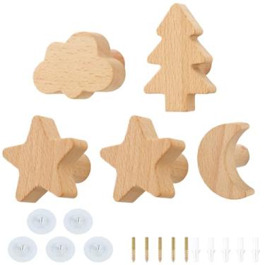 Imagem de Gancho de parede de madeira, 5 peças, gancho de parede para berçário de bebê, ganchos de casaco de animais, gancho de parede infantil para chapéu, bolsa, chave, quarto, sala de estar (estilo 1)