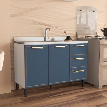 Imagem de Balcão para Pia 120cm 2 portas 3 gavetas Amara Branco Azul Politorno Móveis