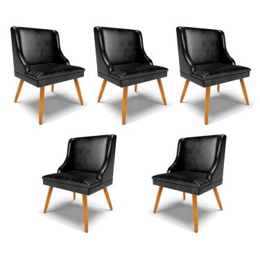 Imagem de Kit 5 Cadeiras Decorativas Sala de Jantar Pés Palito de Madeira Firenze PU Preto Brilho/Natural G19 - Gran Belo