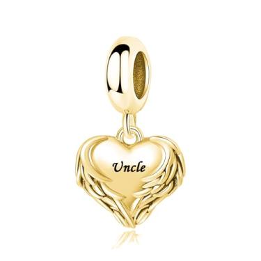 Imagem de LuxglitterLin Pingente de contas com pingente de coração banhado a ouro com asa de anjo e tio compatível com pulseira Pandora, joia significativa presente para mulheres