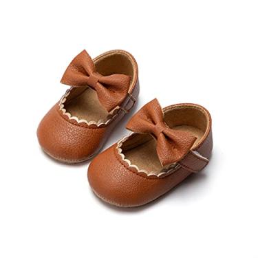 Imagem de CENCIRILY Sapatos para bebês meninas Mary Jane com laço, antiderrapante, sola macia, pré-andador, sapatos de casamento de princesa, Marrom A, 12-18 Months Toddler