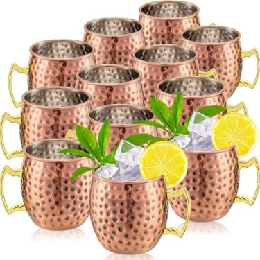Imagem de Conjunto de 12 Canecas Moscow Mule 538 g Copos martelados 304 Forro de Aço Inoxidável Canecas de Cobre Copos de Mule Moscou Copos de Cobre Copos de Cobre para Vinho de Café, 3,6 polegadas de diâmetro (ouro rosa)