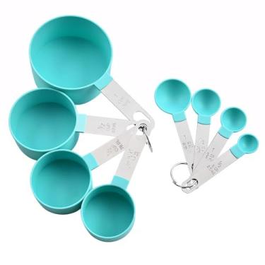 Imagem de 8 peças de copos de medição e colheres de medição, cabo de aço inoxidável, colheres medidas, fáceis de ler, verde
