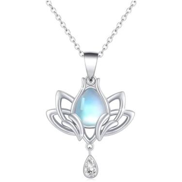 Imagem de Lindo colar com pingente de lótus, joia feminina moderna de aniversário com imitação de pedra da lua, 40cm 5cm, Latão, plásticos