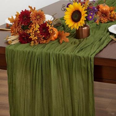 Imagem de Caminho de mesa de gaze verde, corredor de mesa de gaze rústica Boho de 300 cm para outono, Ação de Graças, casamento, festa, chá de bebê, aniversário, decorações de casa e férias