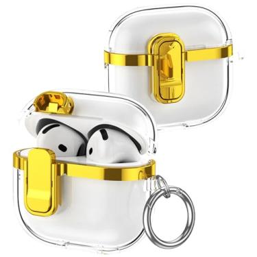 Imagem de Fofvccv Capa galvanizada transparente para AirPods 4ª geração (2024), capa transparente à prova de choque com clipe de trava e chaveiro, suporta carregamento sem fio para AirPods 4 – DD Gold