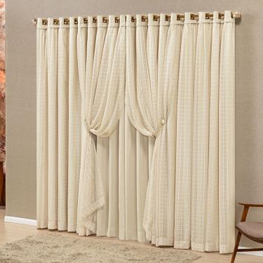 Imagem de Cortina Monte Real 4,00m x 2,70m Tecido Blackout Voal Trabalhado Xadrez Sala Quarto - Palha