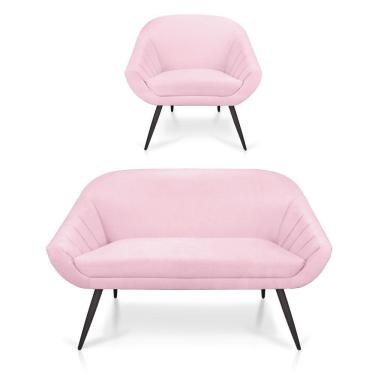 Imagem de Kit 01 Namoradeira 02 Lugares e 01 Poltrona Giovana Suede Rosa Bebê de Ferro