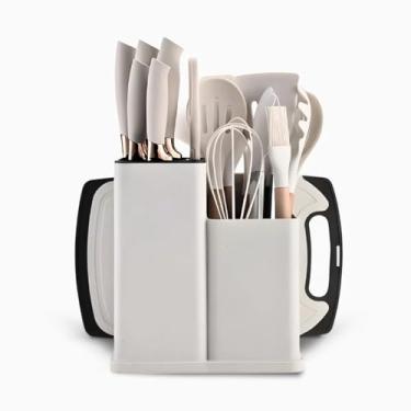 Imagem de Kit de Utensílios de Cozinha 19 Peças, Conjunto Completo com Facas, Espátulas, Colheres em Silicone, Madeira e Aço Inoxidável, com Suporte Organizador (Branco)