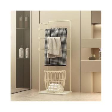Imagem de porta-toalhas Luz de luxo toalheiro banho high-end rack armazenamento do banheiro piso metal arte simples e moderno prateleira(Milky White)